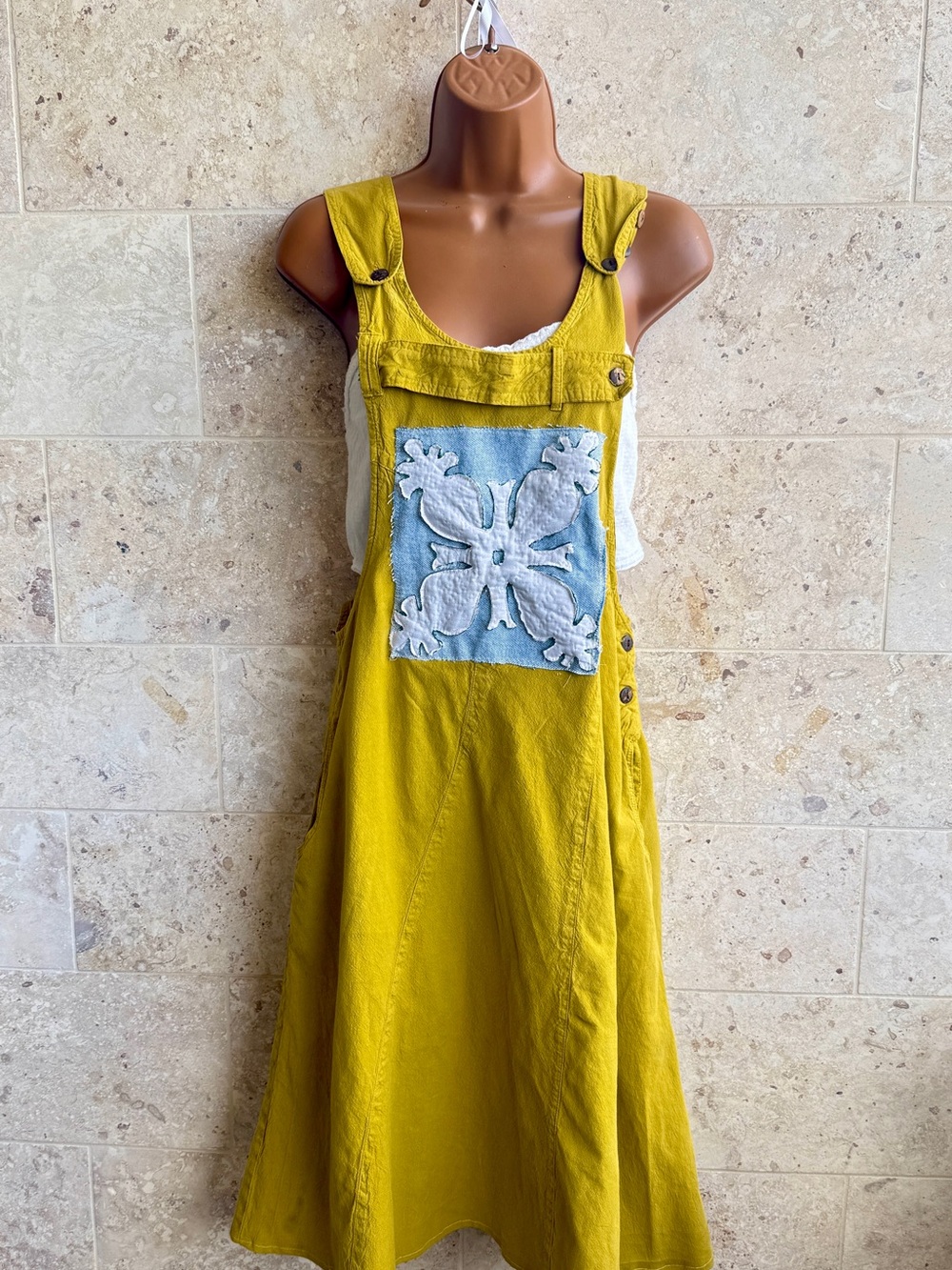 Celine Yellow Denim Overall Dress with Applique Panel
